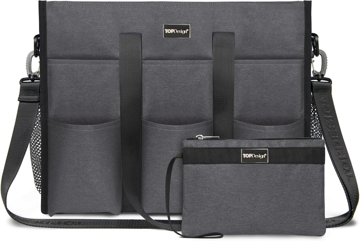 Utility Water Resistant Tote Bag with 22 Pockets, Zipper Closure