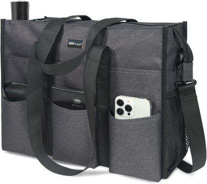 Utility Water Resistant Tote Bag with 22 Pockets, Zipper Closure