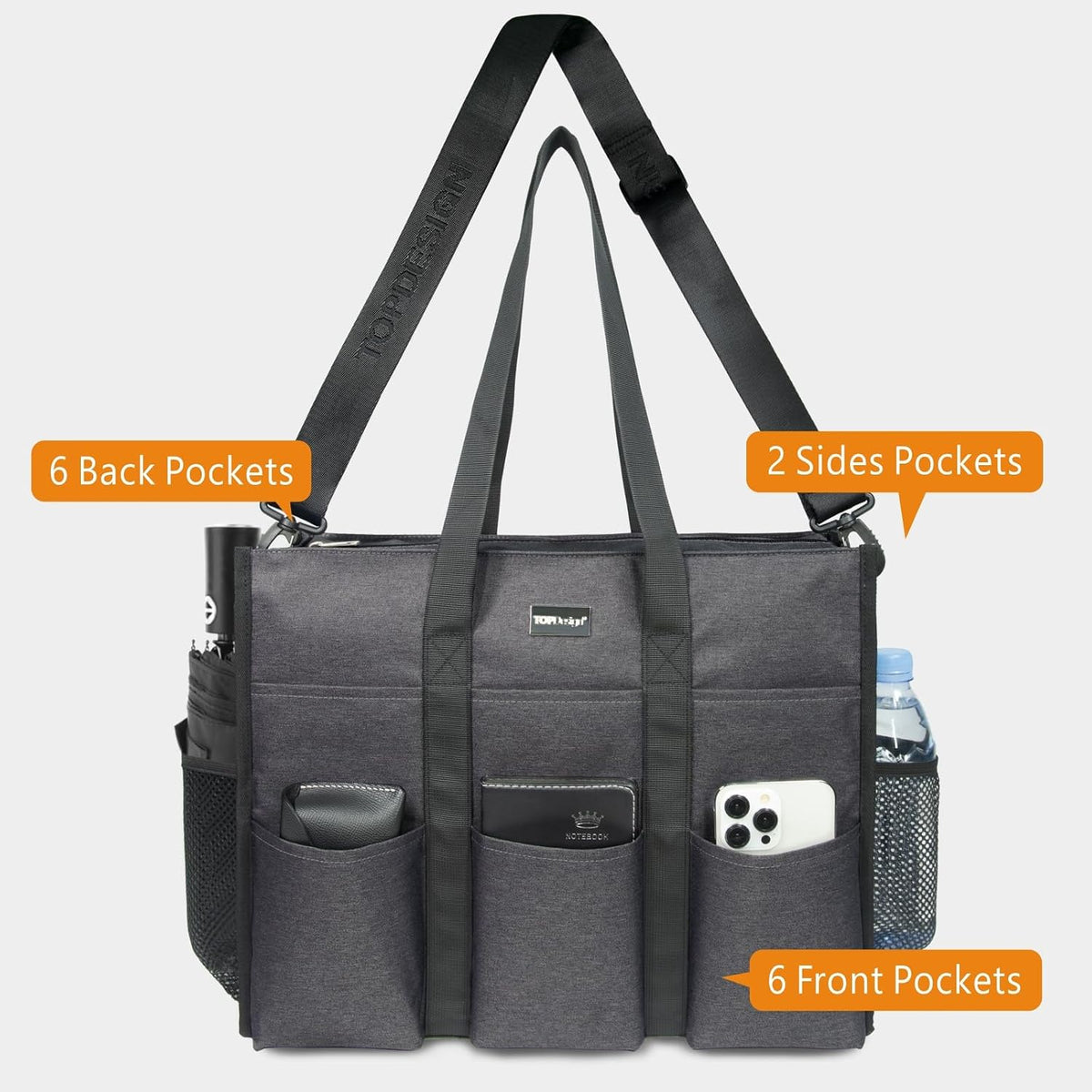 Utility Water Resistant Tote Bag with 22 Pockets, Zipper Closure