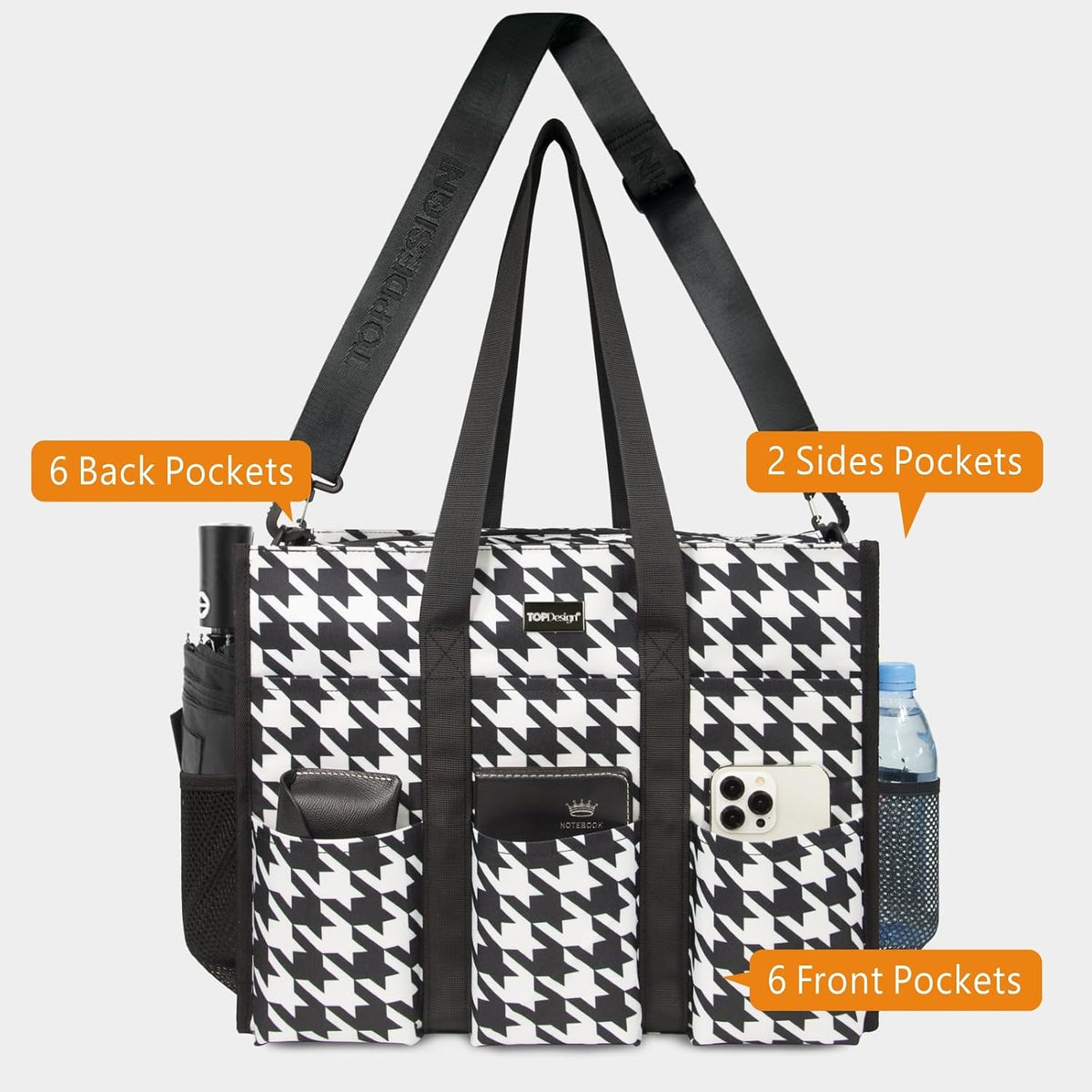 Utility Water Resistant Tote Bag with 22 Pockets, Zipper Closure