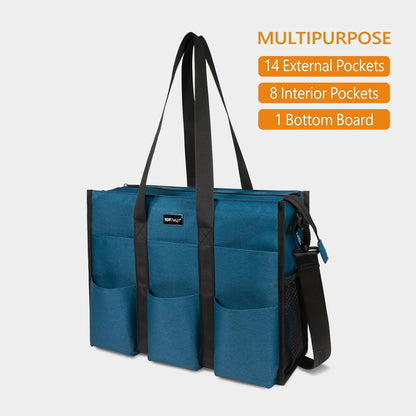 Utility Water Resistant Tote Bag with 22 Pockets, Zipper Closure