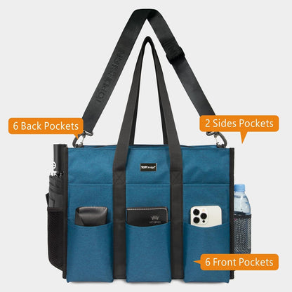 Utility Water Resistant Tote Bag with 22 Pockets, Zipper Closure