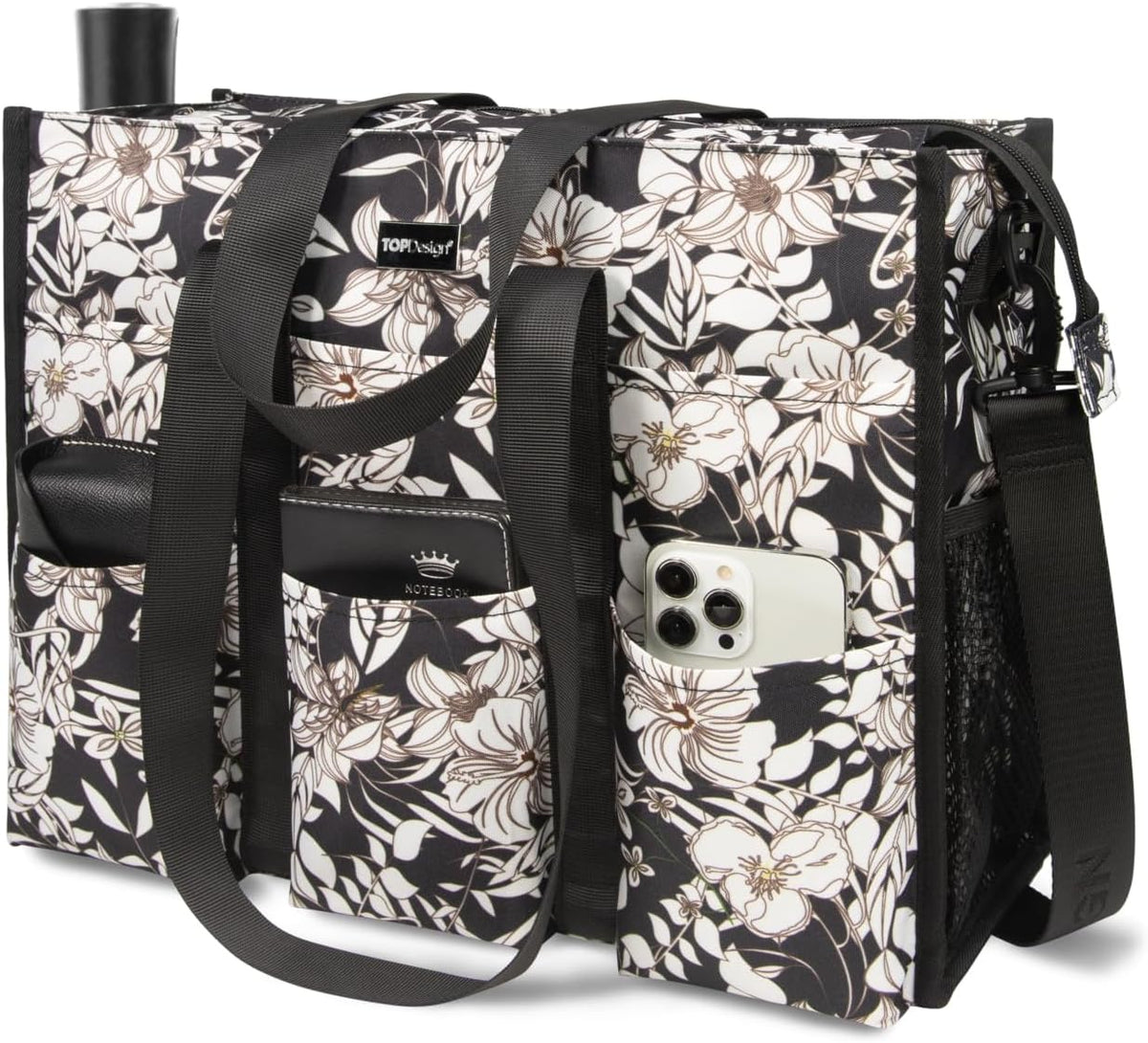 Utility Water Resistant Tote Bag with 22 Pockets, Zipper Closure