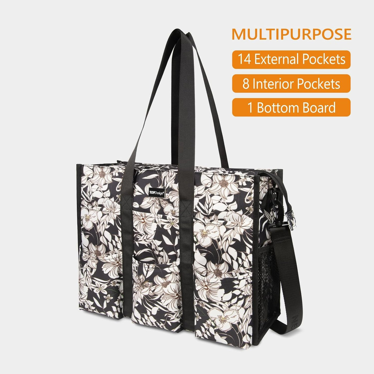 Utility Water Resistant Tote Bag with 22 Pockets, Zipper Closure