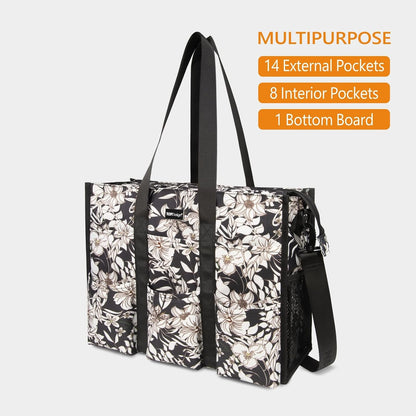 Utility Water Resistant Tote Bag with 22 Pockets, Zipper Closure