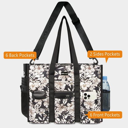 Utility Water Resistant Tote Bag with 22 Pockets, Zipper Closure