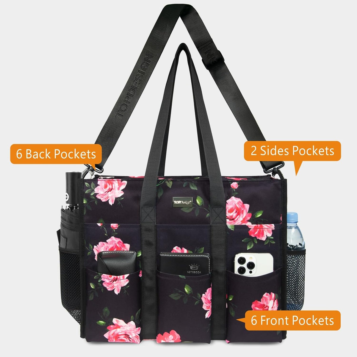 Utility Water Resistant Tote Bag with 22 Pockets, Zipper Closure