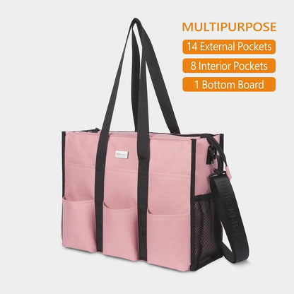 Utility Water Resistant Tote Bag with 22 Pockets, Zipper Closure