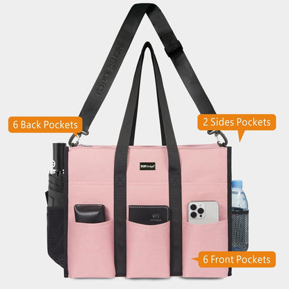 Utility Water Resistant Tote Bag with 22 Pockets, Zipper Closure