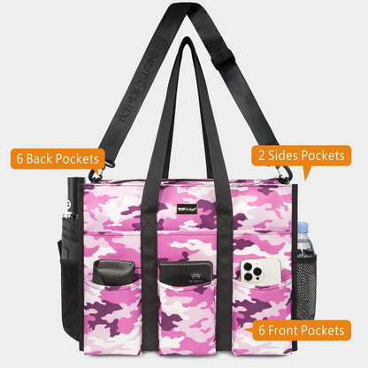 Utility Water Resistant Tote Bag with 22 Pockets, Zipper Closure