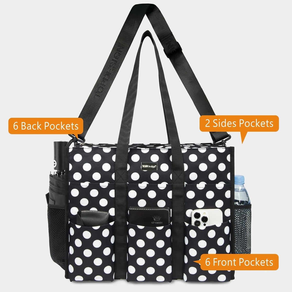 Utility Water Resistant Tote Bag with 22 Pockets, Zipper Closure