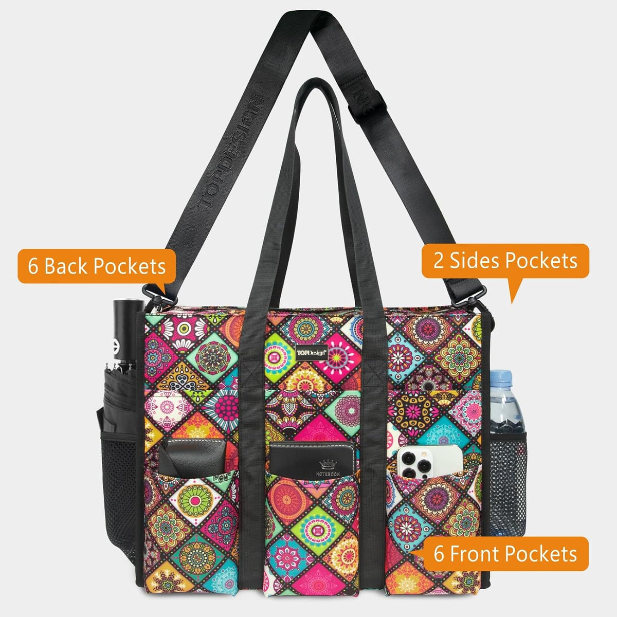 Utility Water Resistant Tote Bag with 22 Pockets, Zipper Closure