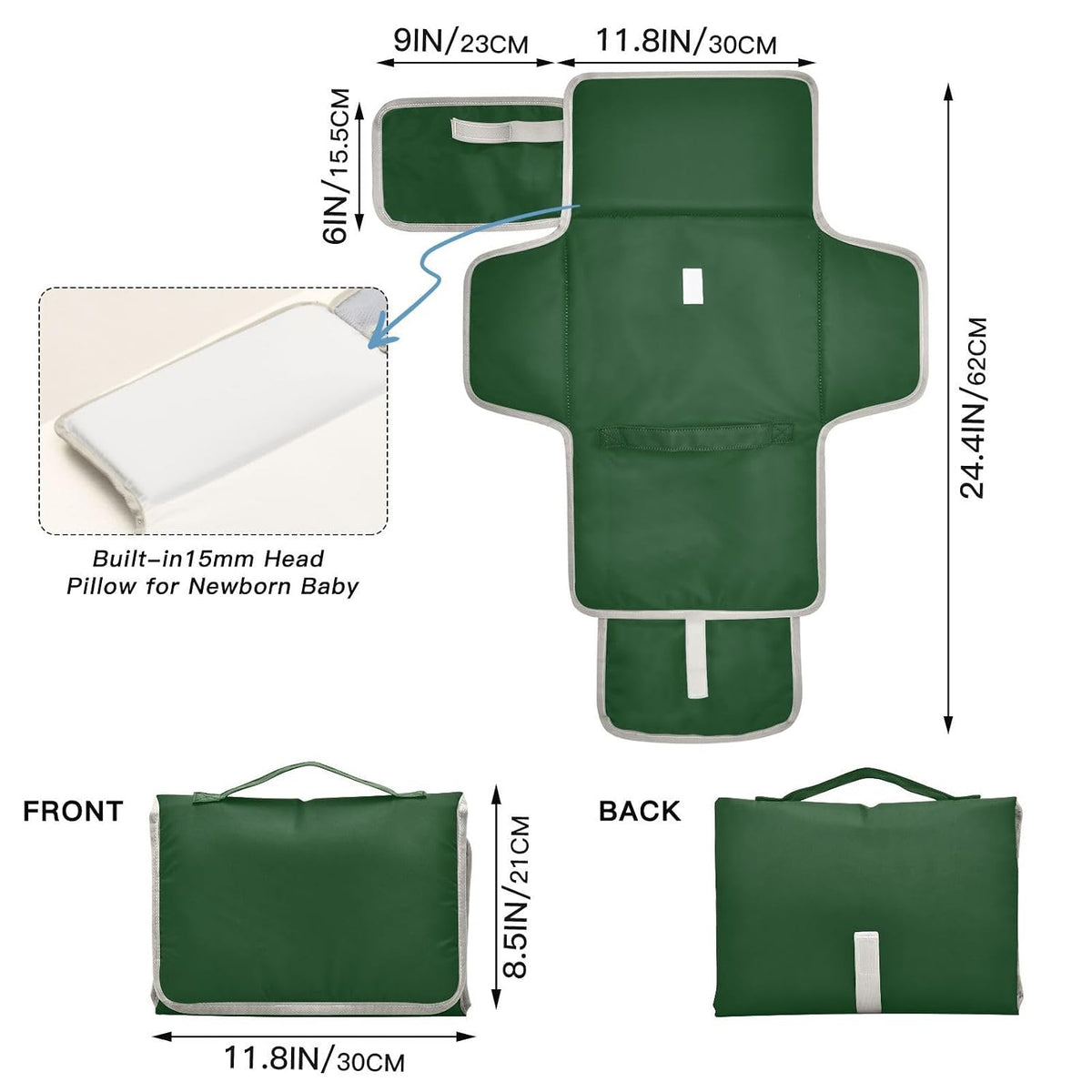 Solid Green Portable Diaper Changing Pad, Waterproof Baby Changing Mat with Storage Pocket & Built-in Pillow, Foldable Travel Pad, Newborn Gift Set for Boy Girl