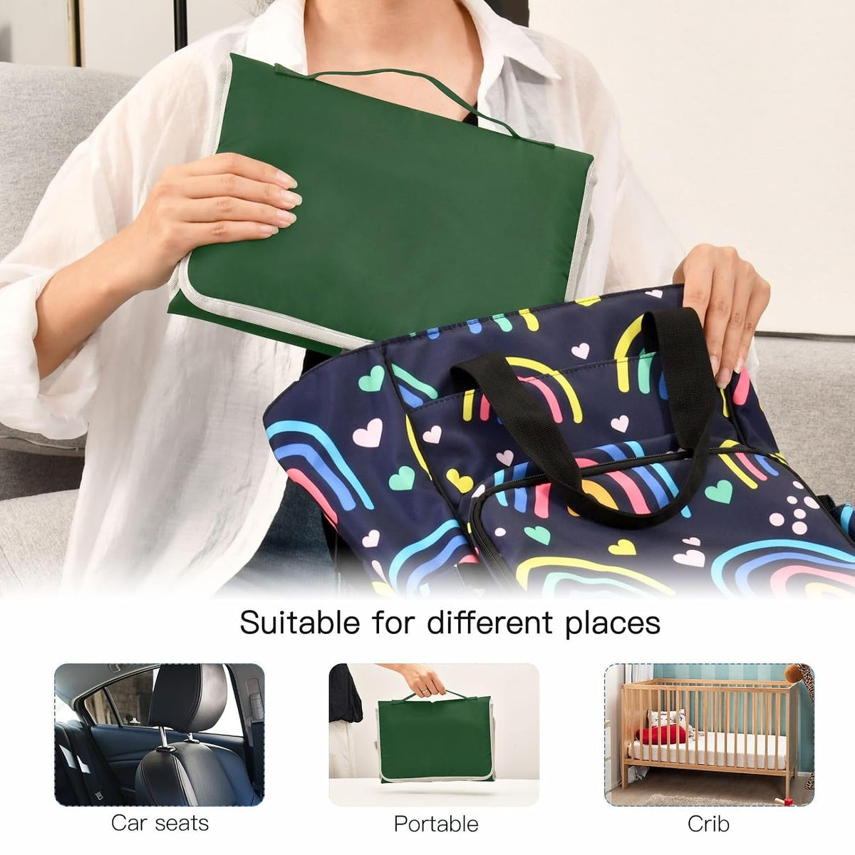 Solid Green Portable Diaper Changing Pad, Waterproof Baby Changing Mat with Storage Pocket & Built-in Pillow, Foldable Travel Pad, Newborn Gift Set for Boy Girl