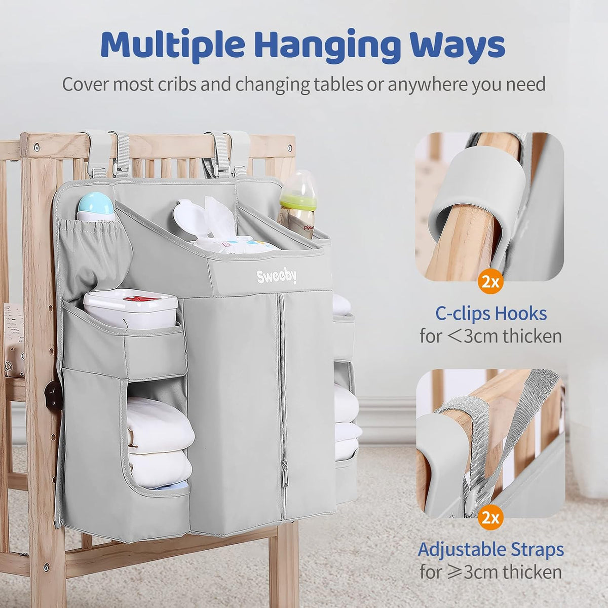 Diaper Organizer for Changing Table and Crib - Nursery Diaper Stacker Hanging Caddy for Baby Essentials