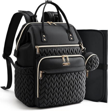 Quilted Diaper Bag Backpack, Wide Opening Large Baby Bag for Mom