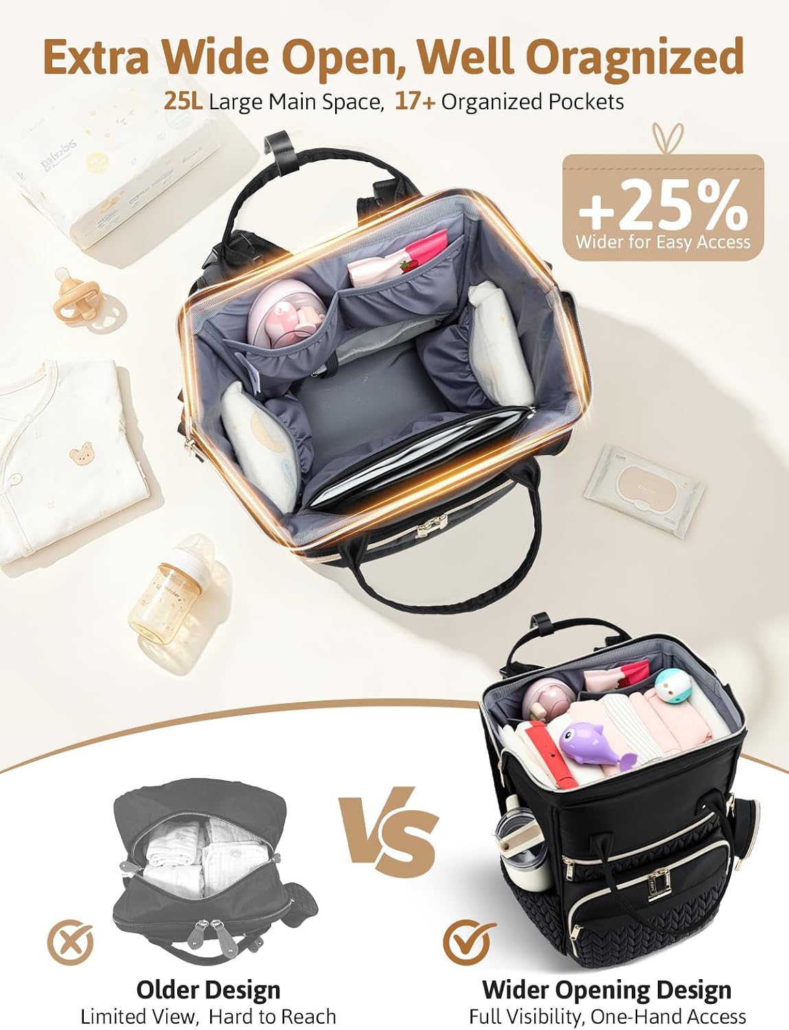 Quilted Diaper Bag Backpack, Wide Opening Large Baby Bag for Mom