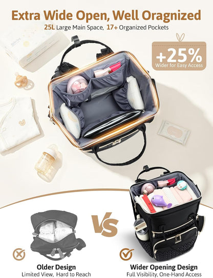 Quilted Diaper Bag Backpack, Wide Opening Large Baby Bag for Mom