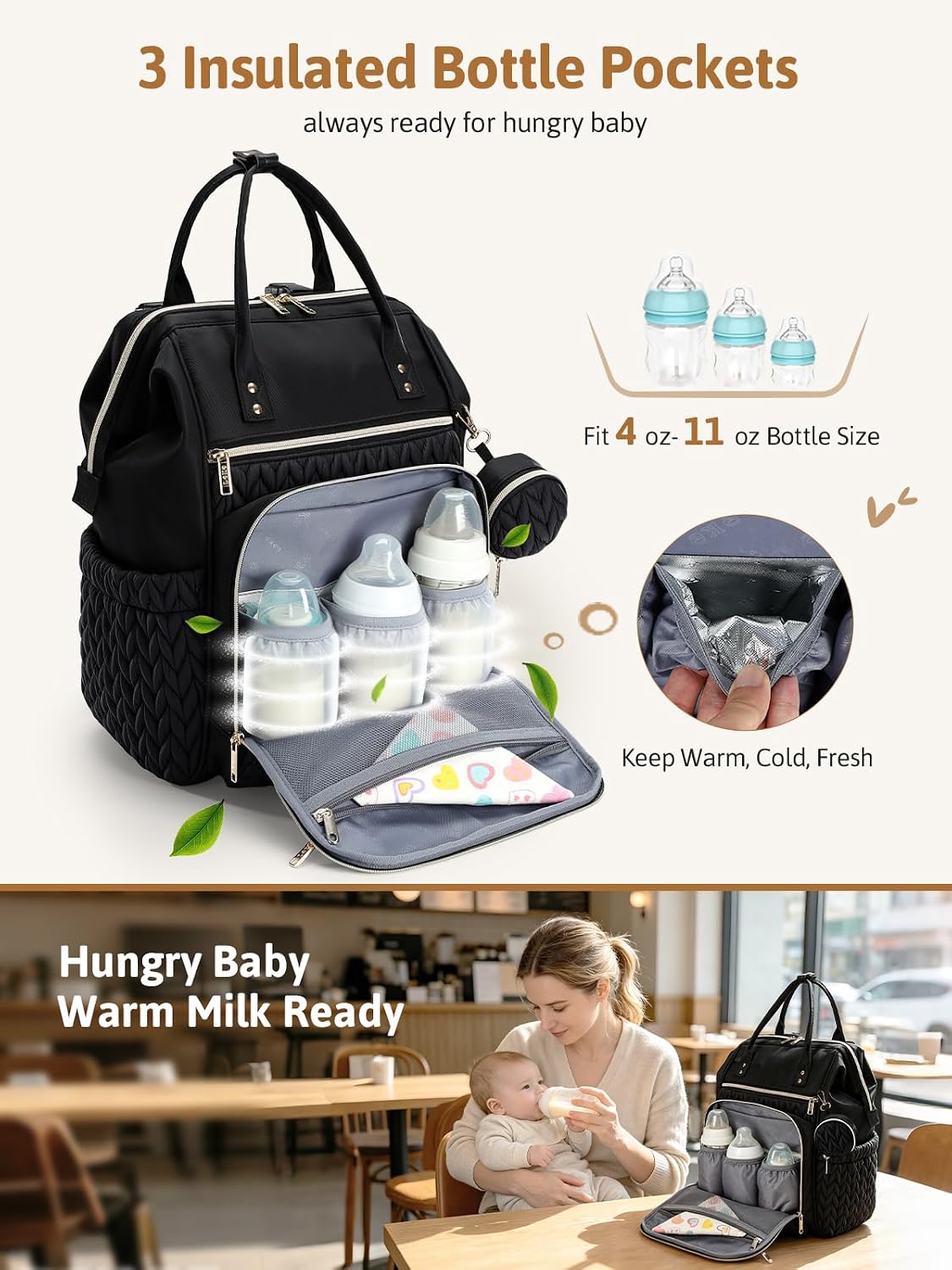 Quilted Diaper Bag Backpack, Wide Opening Large Baby Bag for Mom