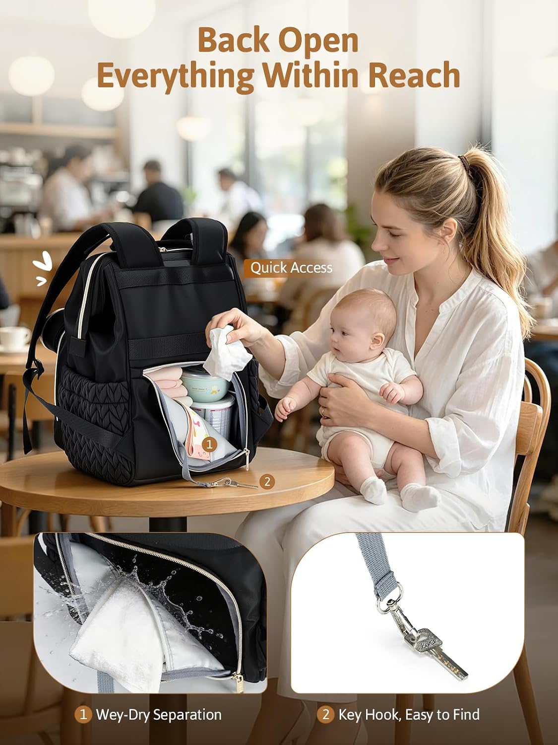 Quilted Diaper Bag Backpack, Wide Opening Large Baby Bag for Mom