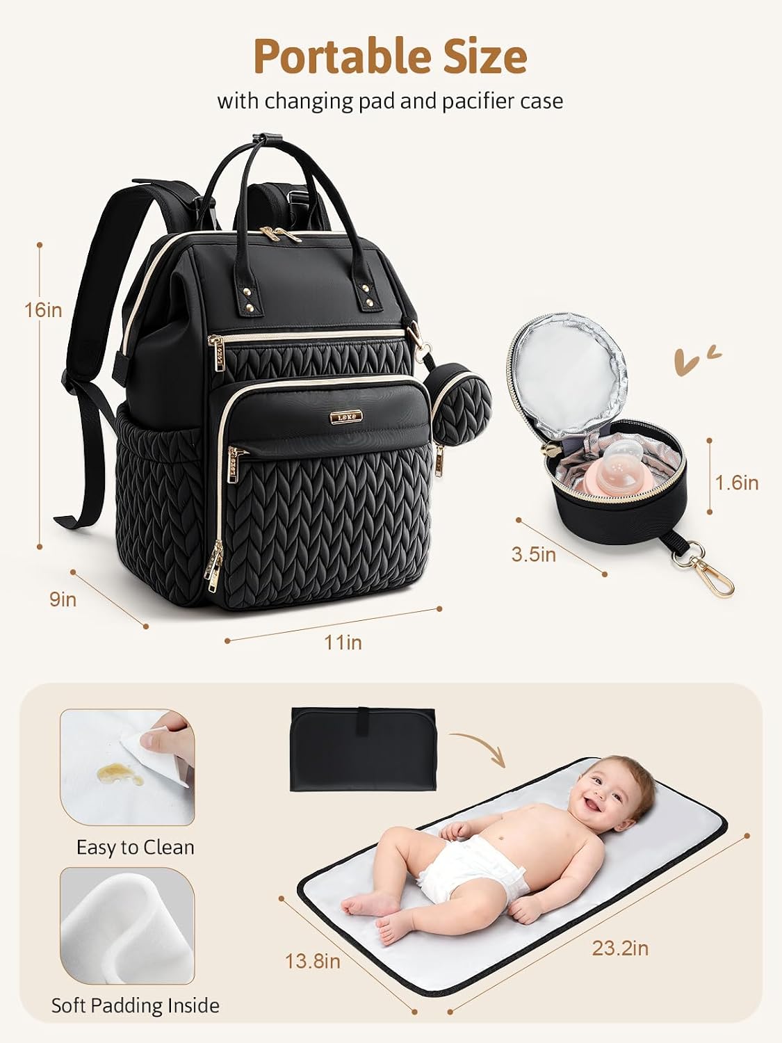 Quilted Diaper Bag Backpack, Wide Opening Large Baby Bag for Mom