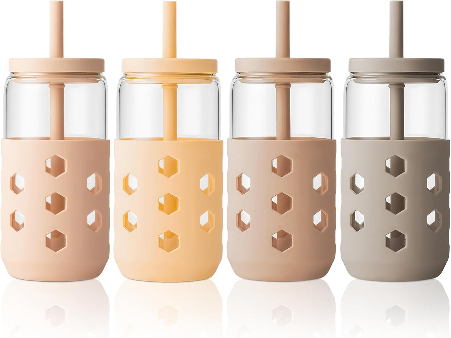 16 oz Glass Cups with Lids and Straws for Gift, 4-Pack, Mint | BPA-free Reusable Iced Coffee Cups with Silicone Sleeves, Dishwasher Safe Glass Drinking Tumbler for Smoothie, Juice & Tea