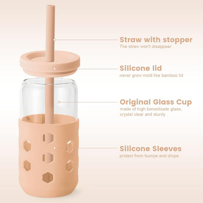 16 oz Glass Cups with Lids and Straws for Gift, 4-Pack, Mint | BPA-free Reusable Iced Coffee Cups with Silicone Sleeves, Dishwasher Safe Glass Drinking Tumbler for Smoothie, Juice & Tea