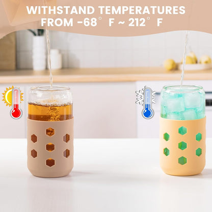 16 oz Glass Cups with Lids and Straws for Gift, 4-Pack, Mint | BPA-free Reusable Iced Coffee Cups with Silicone Sleeves, Dishwasher Safe Glass Drinking Tumbler for Smoothie, Juice & Tea