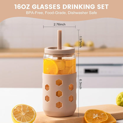 16 oz Glass Cups with Lids and Straws for Gift, 4-Pack, Mint | BPA-free Reusable Iced Coffee Cups with Silicone Sleeves, Dishwasher Safe Glass Drinking Tumbler for Smoothie, Juice & Tea