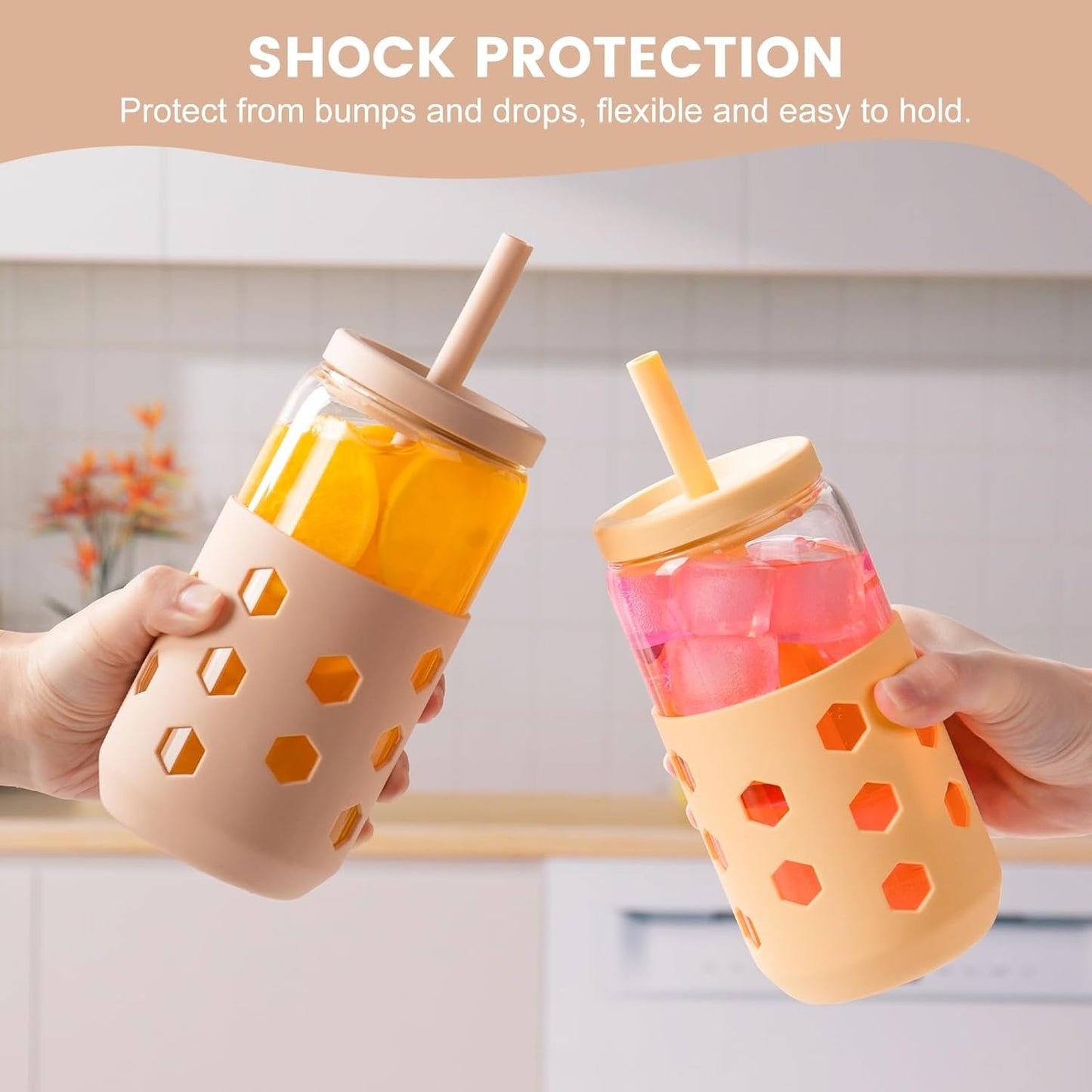 16 oz Glass Cups with Lids and Straws for Gift, 4-Pack, Mint | BPA-free Reusable Iced Coffee Cups with Silicone Sleeves, Dishwasher Safe Glass Drinking Tumbler for Smoothie, Juice & Tea
