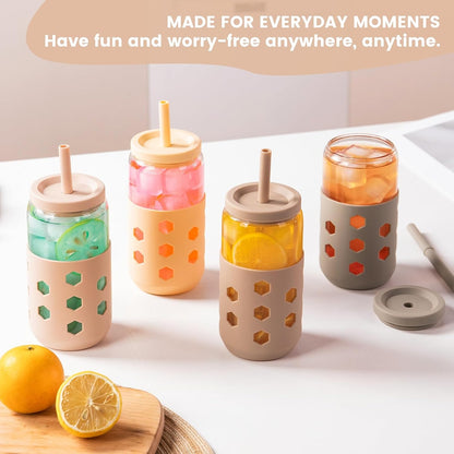 16 oz Glass Cups with Lids and Straws for Gift, 4-Pack, Mint | BPA-free Reusable Iced Coffee Cups with Silicone Sleeves, Dishwasher Safe Glass Drinking Tumbler for Smoothie, Juice & Tea