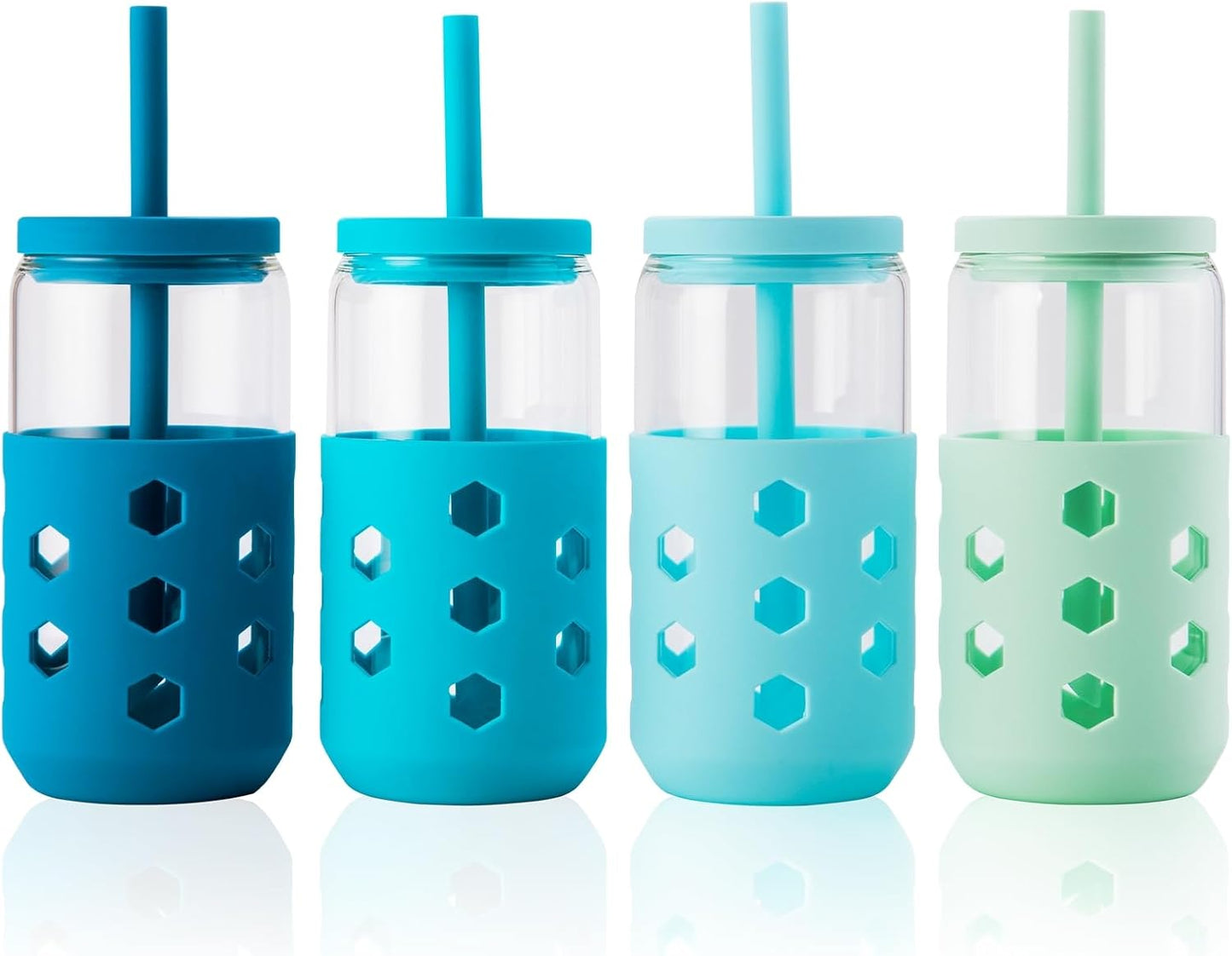 16 oz Glass Cups with Lids and Straws for Gift, 4-Pack, Mint | BPA-free Reusable Iced Coffee Cups with Silicone Sleeves, Dishwasher Safe Glass Drinking Tumbler for Smoothie, Juice & Tea