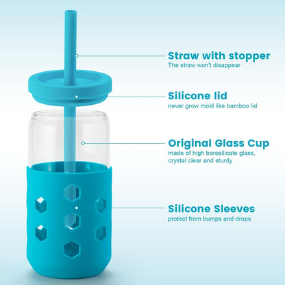 16 oz Glass Cups with Lids and Straws for Gift, 4-Pack, Mint | BPA-free Reusable Iced Coffee Cups with Silicone Sleeves, Dishwasher Safe Glass Drinking Tumbler for Smoothie, Juice & Tea