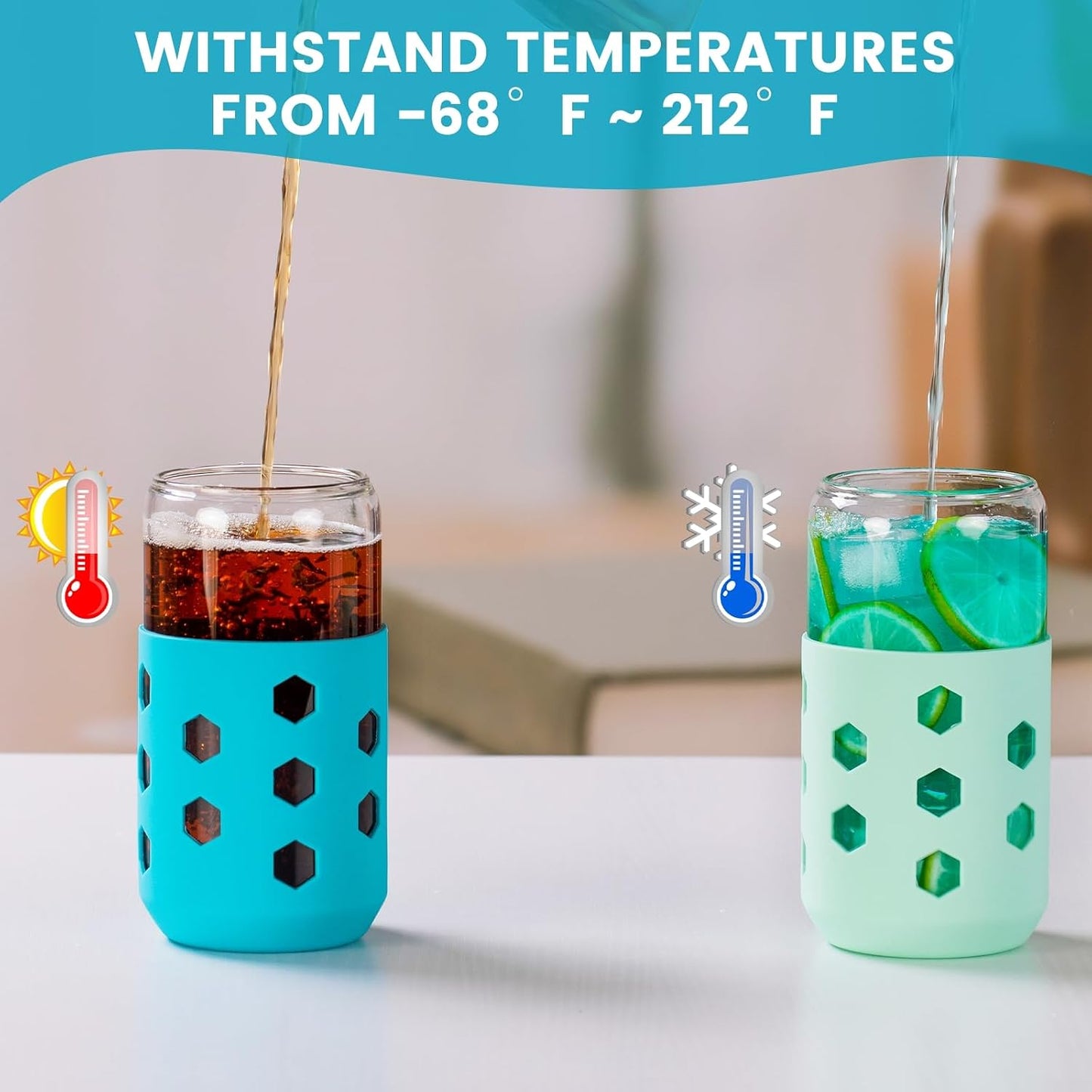 16 oz Glass Cups with Lids and Straws for Gift, 4-Pack, Mint | BPA-free Reusable Iced Coffee Cups with Silicone Sleeves, Dishwasher Safe Glass Drinking Tumbler for Smoothie, Juice & Tea