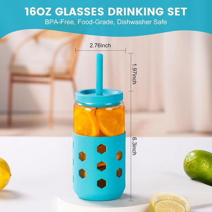 16 oz Glass Cups with Lids and Straws for Gift, 4-Pack, Mint | BPA-free Reusable Iced Coffee Cups with Silicone Sleeves, Dishwasher Safe Glass Drinking Tumbler for Smoothie, Juice & Tea