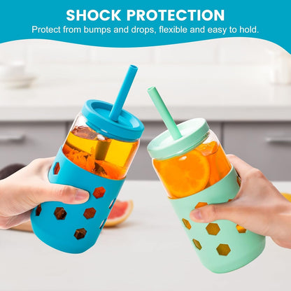 16 oz Glass Cups with Lids and Straws for Gift, 4-Pack, Mint | BPA-free Reusable Iced Coffee Cups with Silicone Sleeves, Dishwasher Safe Glass Drinking Tumbler for Smoothie, Juice & Tea