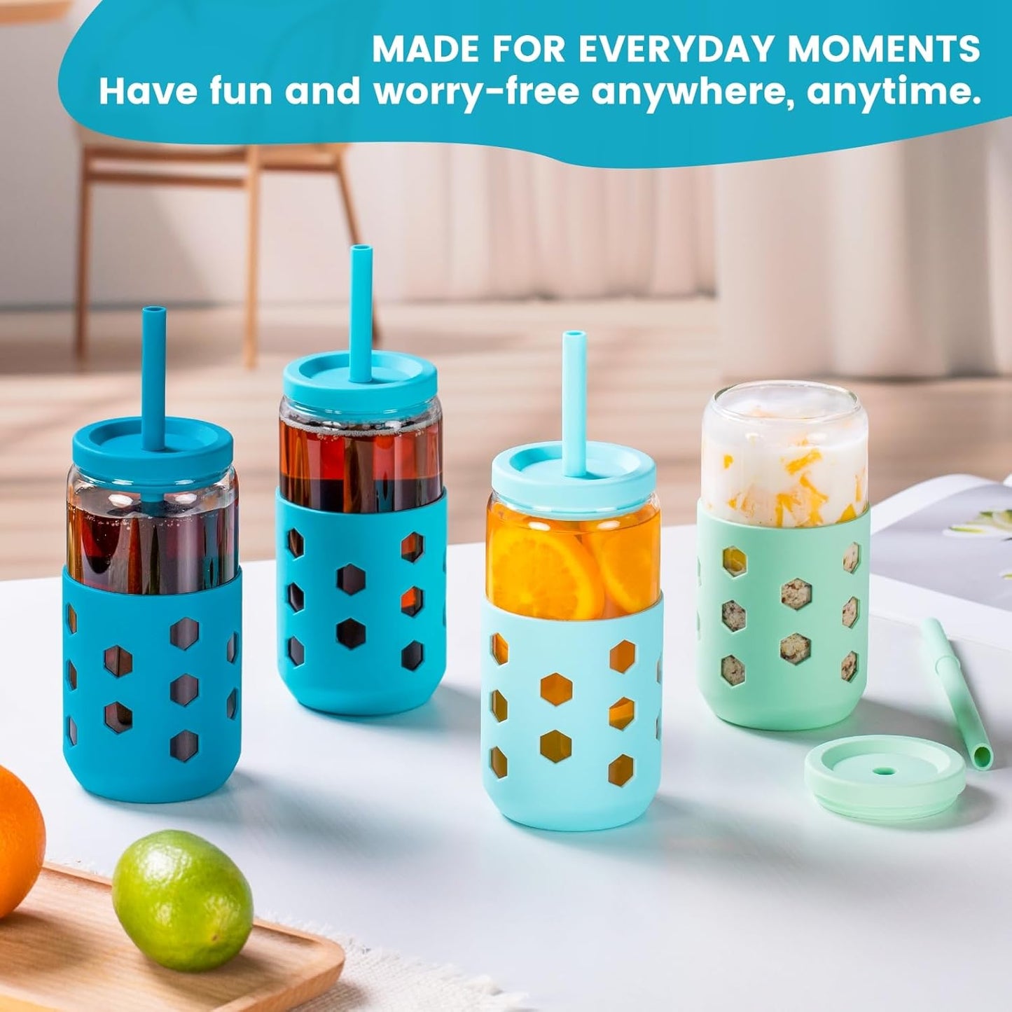 16 oz Glass Cups with Lids and Straws for Gift, 4-Pack, Mint | BPA-free Reusable Iced Coffee Cups with Silicone Sleeves, Dishwasher Safe Glass Drinking Tumbler for Smoothie, Juice & Tea