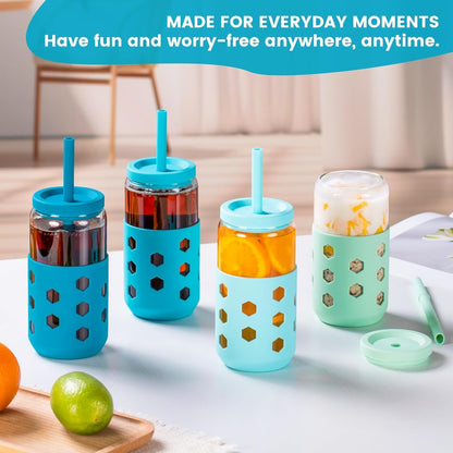 16 oz Glass Cups with Lids and Straws for Gift, 4-Pack, Mint | BPA-free Reusable Iced Coffee Cups with Silicone Sleeves, Dishwasher Safe Glass Drinking Tumbler for Smoothie, Juice & Tea