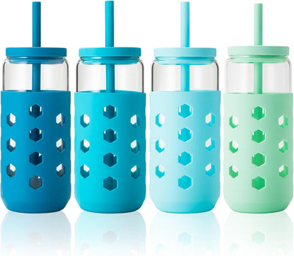 16 oz Glass Cups with Lids and Straws for Gift, 4-Pack, Mint | BPA-free Reusable Iced Coffee Cups with Silicone Sleeves, Dishwasher Safe Glass Drinking Tumbler for Smoothie, Juice & Tea