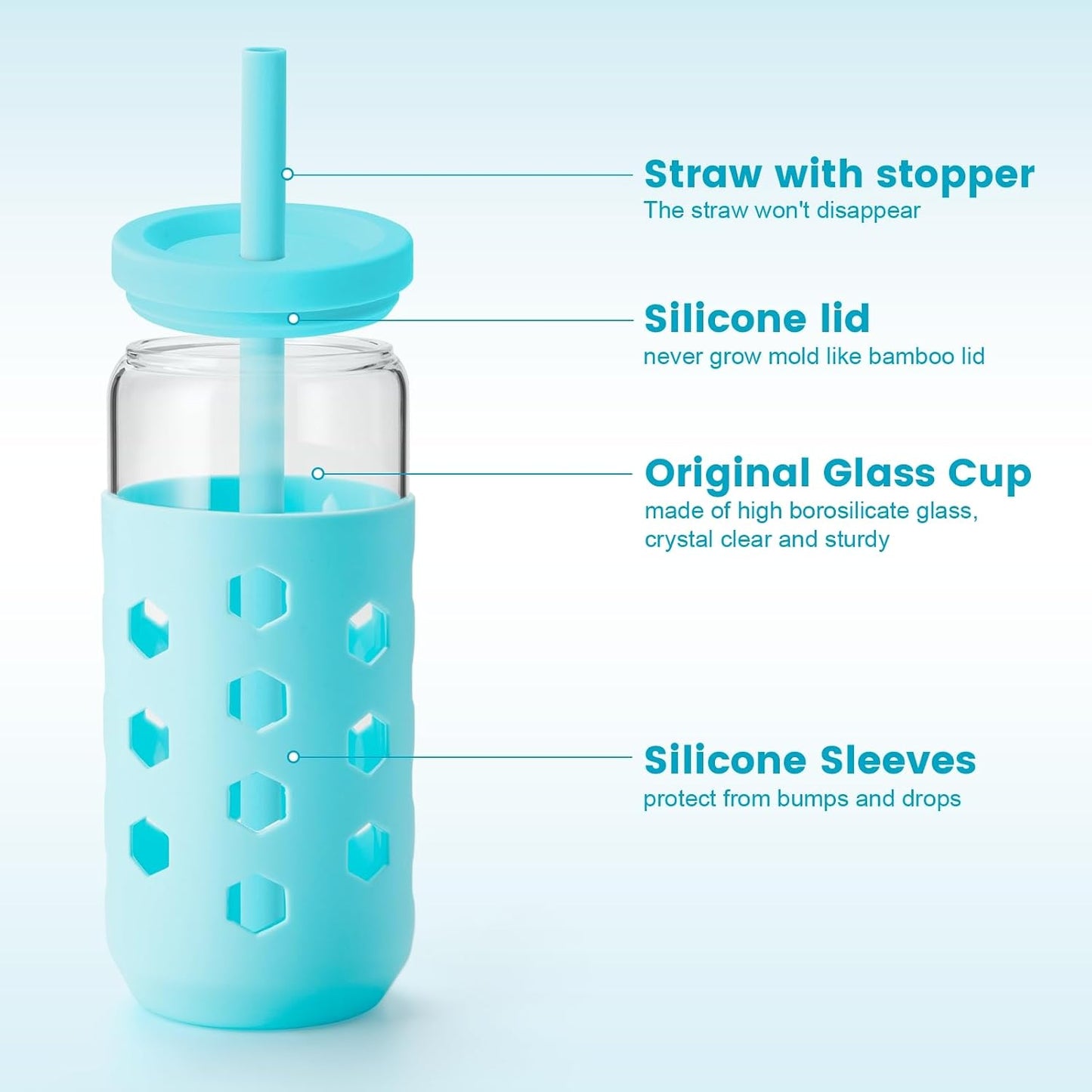 16 oz Glass Cups with Lids and Straws for Gift, 4-Pack, Mint | BPA-free Reusable Iced Coffee Cups with Silicone Sleeves, Dishwasher Safe Glass Drinking Tumbler for Smoothie, Juice & Tea