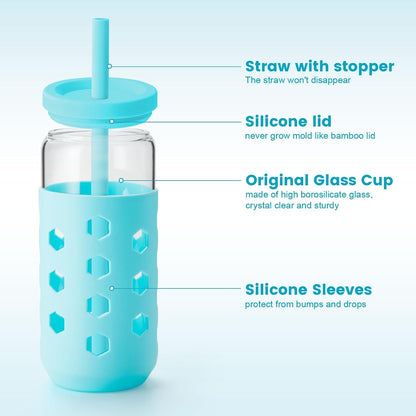 16 oz Glass Cups with Lids and Straws for Gift, 4-Pack, Mint | BPA-free Reusable Iced Coffee Cups with Silicone Sleeves, Dishwasher Safe Glass Drinking Tumbler for Smoothie, Juice & Tea