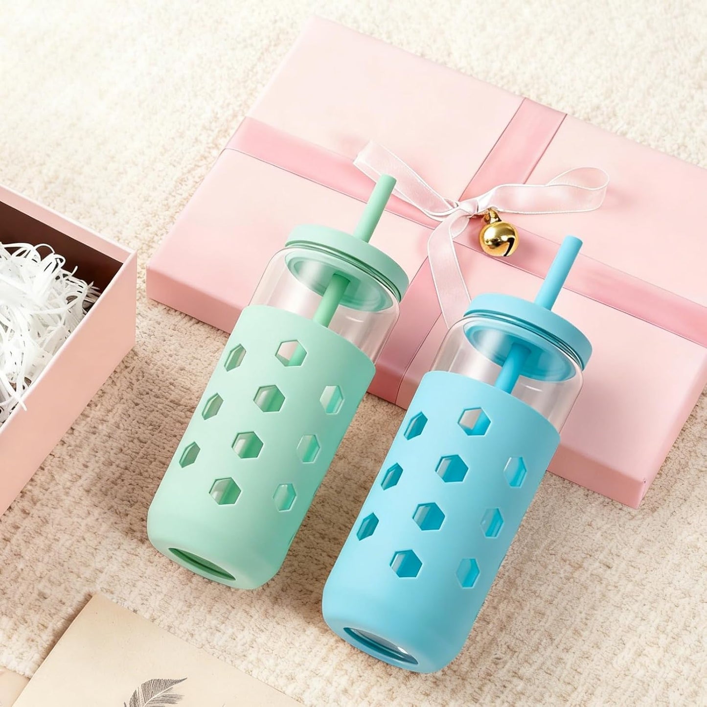 16 oz Glass Cups with Lids and Straws for Gift, 4-Pack, Mint | BPA-free Reusable Iced Coffee Cups with Silicone Sleeves, Dishwasher Safe Glass Drinking Tumbler for Smoothie, Juice & Tea