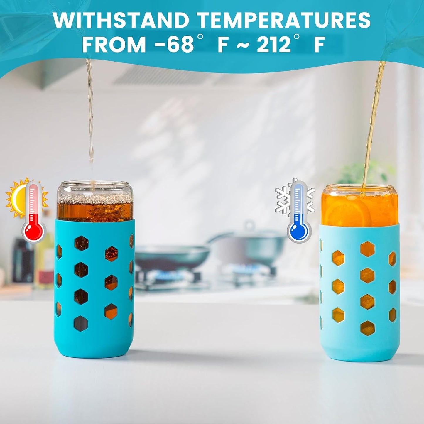 16 oz Glass Cups with Lids and Straws for Gift, 4-Pack, Mint | BPA-free Reusable Iced Coffee Cups with Silicone Sleeves, Dishwasher Safe Glass Drinking Tumbler for Smoothie, Juice & Tea