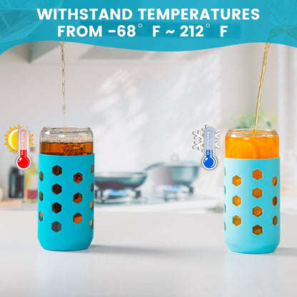 16 oz Glass Cups with Lids and Straws for Gift, 4-Pack, Mint | BPA-free Reusable Iced Coffee Cups with Silicone Sleeves, Dishwasher Safe Glass Drinking Tumbler for Smoothie, Juice & Tea