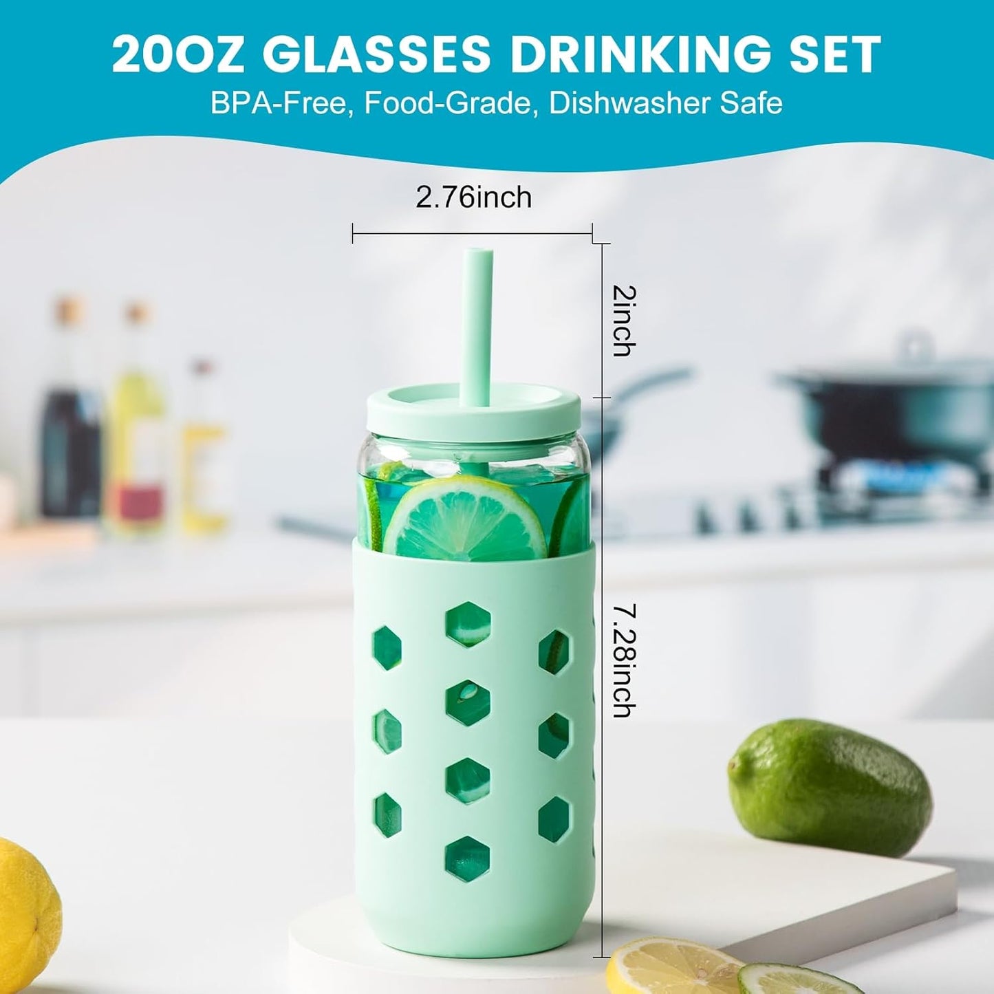 16 oz Glass Cups with Lids and Straws for Gift, 4-Pack, Mint | BPA-free Reusable Iced Coffee Cups with Silicone Sleeves, Dishwasher Safe Glass Drinking Tumbler for Smoothie, Juice & Tea