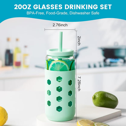 16 oz Glass Cups with Lids and Straws for Gift, 4-Pack, Mint | BPA-free Reusable Iced Coffee Cups with Silicone Sleeves, Dishwasher Safe Glass Drinking Tumbler for Smoothie, Juice & Tea