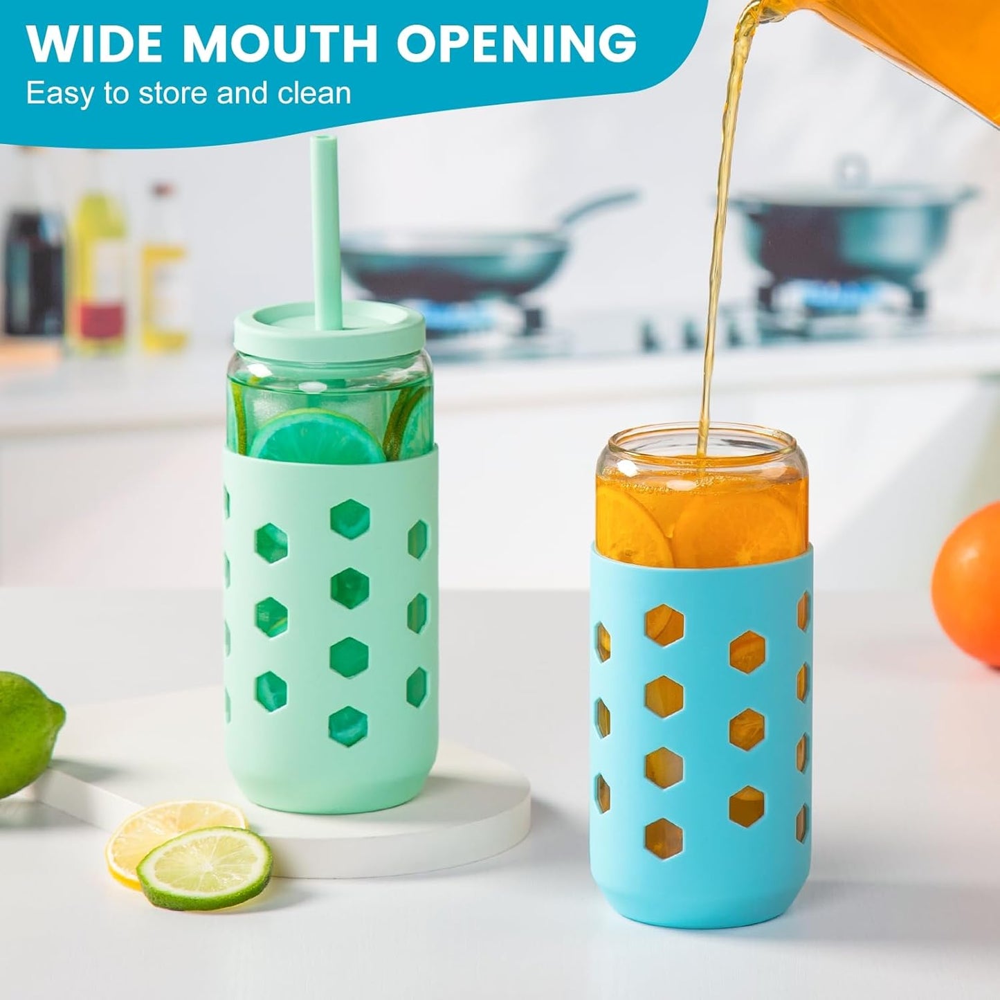 16 oz Glass Cups with Lids and Straws for Gift, 4-Pack, Mint | BPA-free Reusable Iced Coffee Cups with Silicone Sleeves, Dishwasher Safe Glass Drinking Tumbler for Smoothie, Juice & Tea