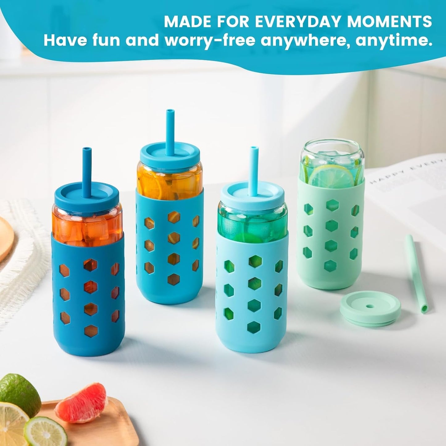 16 oz Glass Cups with Lids and Straws for Gift, 4-Pack, Mint | BPA-free Reusable Iced Coffee Cups with Silicone Sleeves, Dishwasher Safe Glass Drinking Tumbler for Smoothie, Juice & Tea