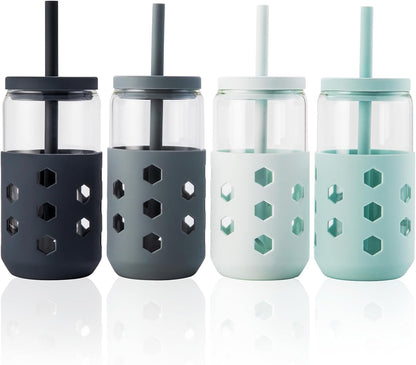 16 oz Glass Cups with Lids and Straws for Gift, 4-Pack, Mint | BPA-free Reusable Iced Coffee Cups with Silicone Sleeves, Dishwasher Safe Glass Drinking Tumbler for Smoothie, Juice & Tea
