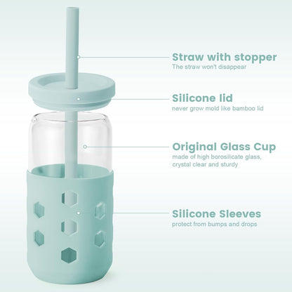 16 oz Glass Cups with Lids and Straws for Gift, 4-Pack, Mint | BPA-free Reusable Iced Coffee Cups with Silicone Sleeves, Dishwasher Safe Glass Drinking Tumbler for Smoothie, Juice & Tea